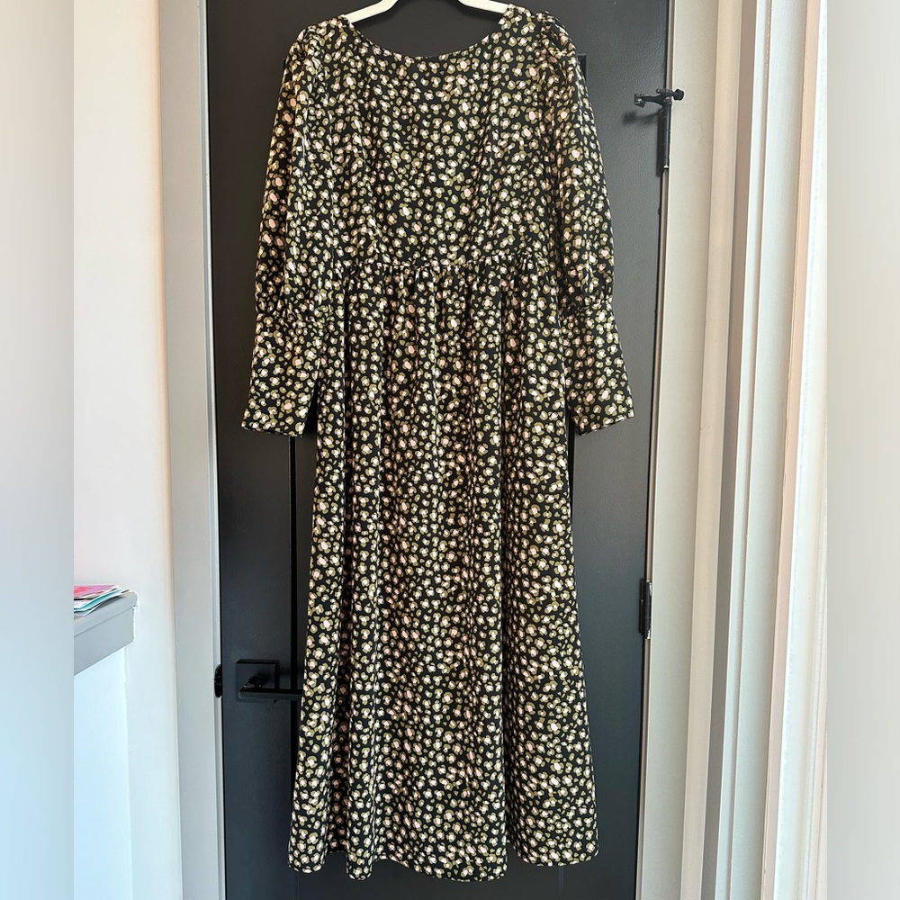 Who What Wear long sleeve, maxi dress. Black, pink and green pattern. Size M.